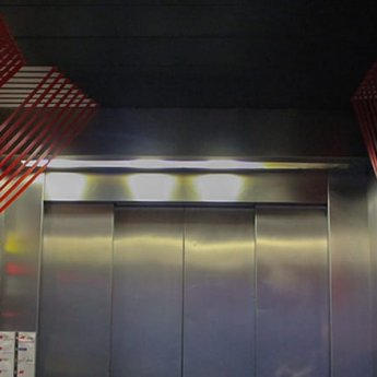 Lines- Abstract 3d duct tape installation in elevator- Panorama