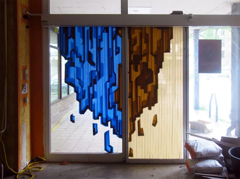 Mystique- abstract packing tape street art piece by Ostap