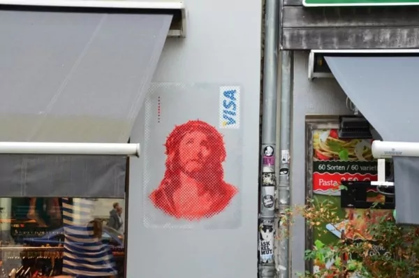 Jesus Visa Card- Stencil graffiti by Ostap at Berlin Kastanienallee, 2013