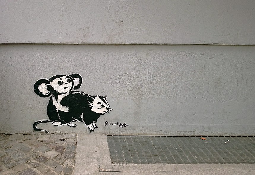 loving banksy-cheburashka vs rat- the series of stencil street art by Ostap-Berlin