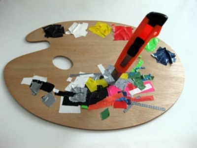 Wooden paint mixing palette of a tape artist, 2012