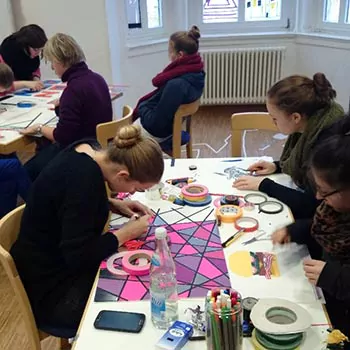 Tape art workshop for children in a school