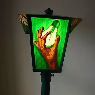 A lantern installation of packing tape and water tubes- thumbnail