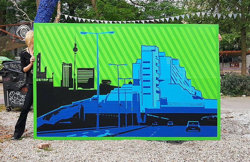 Berlin skyline- finished duct tape artwork- live show by Ostap