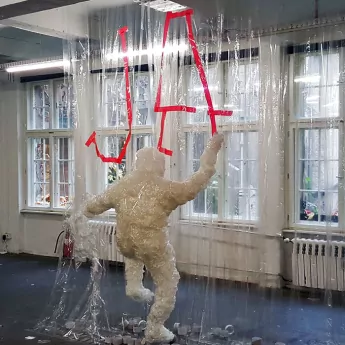 Climbing man- packaging tape art sculpture by Selfmadecrew-2016