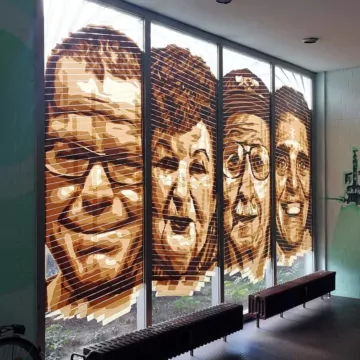 Packing tape portrait at the daylight inside the foyer