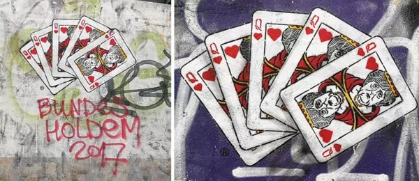 5 Playing cards queen of hearts- Angela Merkel, Stencil street art by Ostap, 2017