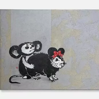 cheburashka vs banksy rat- Stencil spray art on canvas, 2011-2019