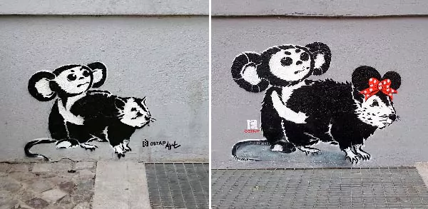 Cheburashka vs. rat series, 2013-2018, Stencil, Spray paint