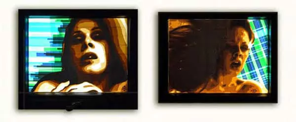  FAQlove (Diptych), 2013, Packing tape, hinged window lightbox, 55x70 and 50x70