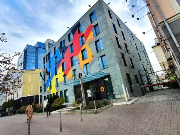 The German embassy in Kyiv, Ukraine- Tape art facade artwork