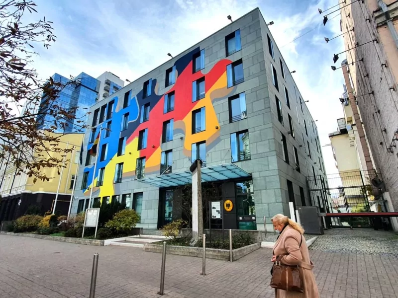 Finished tape art facade of German embassy at Bohdana Khmel'nyts'koho st 25, Kyiv, Ukraine