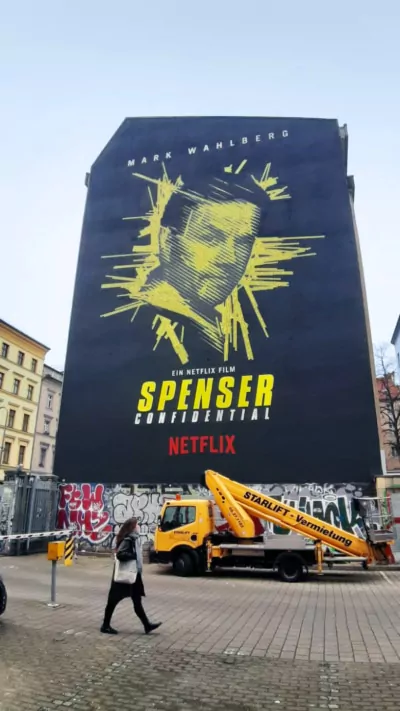 Completed Mark Wahlberg portrait mural by Selfmadecrew