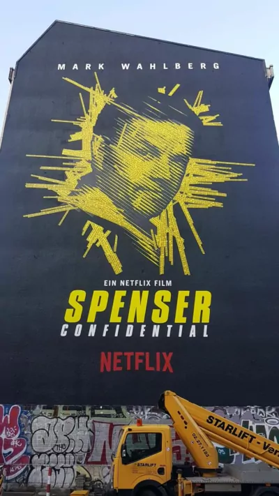 Mark Wahlberg's barrier tape portrait mural
