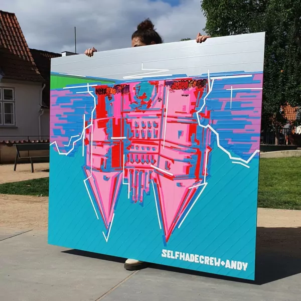 Finished duct tape artwork- The Holstentor- A homage to Andy Warhol