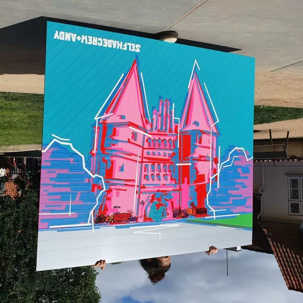 Finished duct tape work of art- The Holstentor — a tribute to Andy Warhol