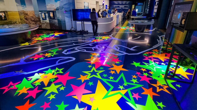 Tape art installation on the floor in the foyer of the EU Commission